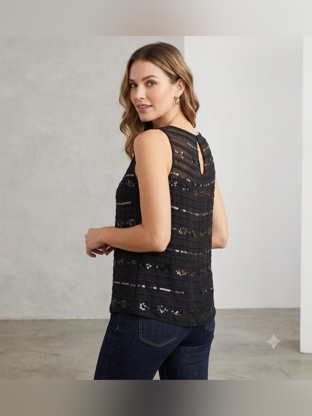 Trina Turk 100% Silk Sequin Sleeveless Top Black Sz L Effortless